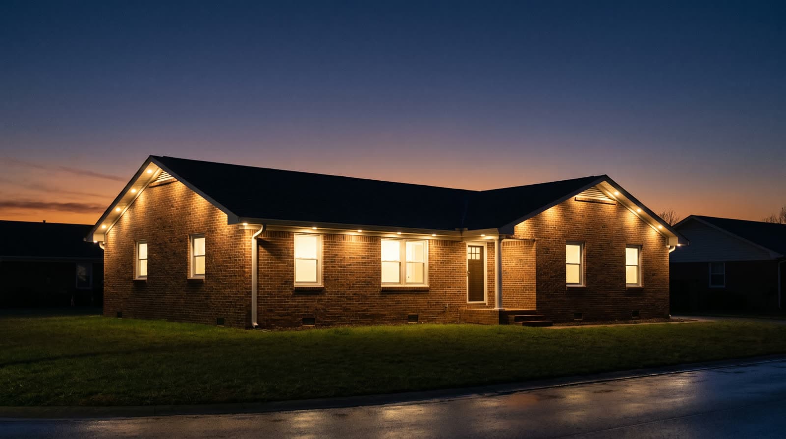Single-story brick ranch house after sunset with warm downlighting washing the brick under every eave and gable, illuminated windows along the front