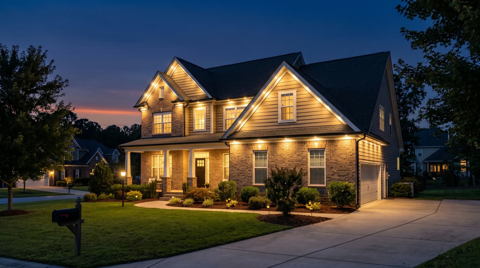 Brick and siding two-story with three front gables at blue hour, warm white roofline lights along each gable rake and soffit lights washing the brick