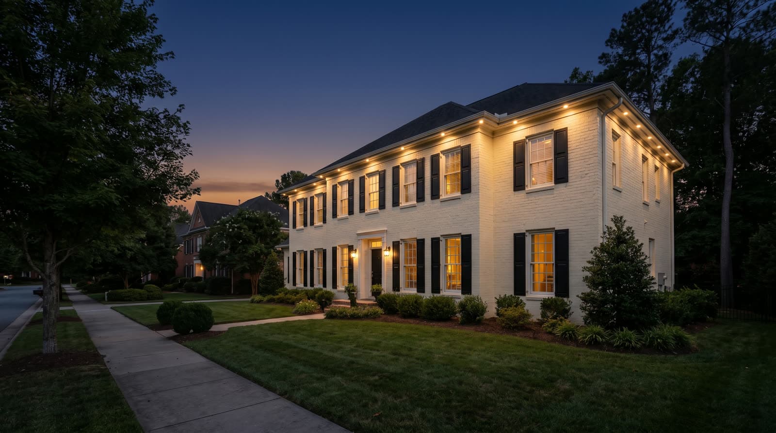 Two-story cream painted-brick colonial seen from the sidewalk at blue hour, warm white roofline lights along the eaves and black shutters on lit windows