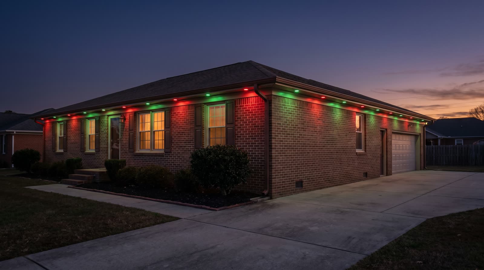 Single-story brick ranch at an angle with attached garage, red and green lights alternating along the eave line