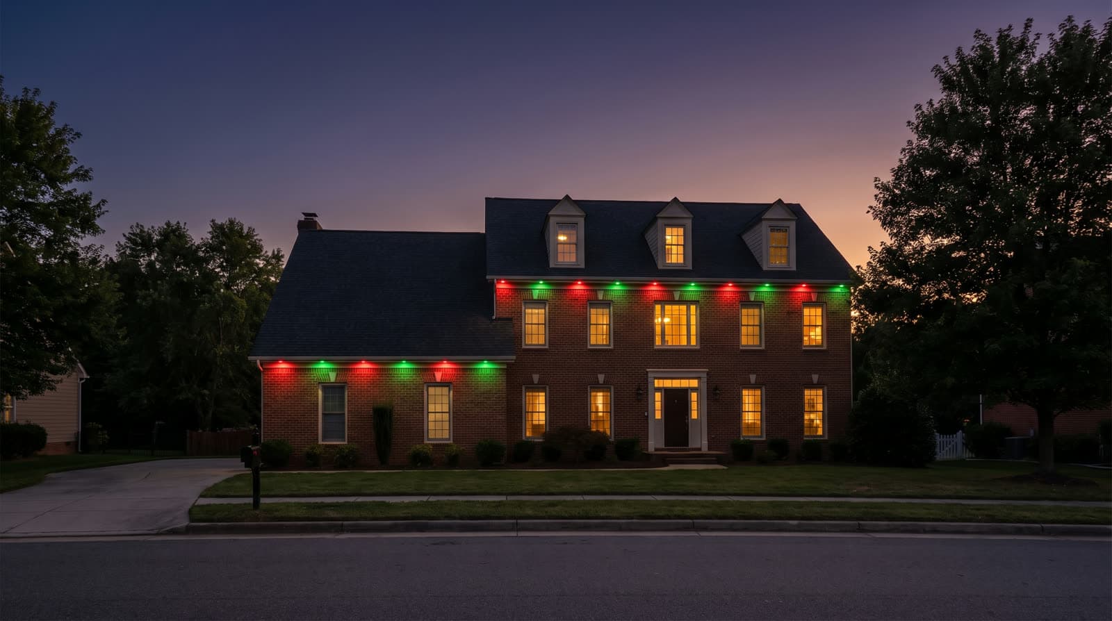 Brick colonial with three dormers at twilight, red and green bulbs spaced along the main roofline and the lower wing eave