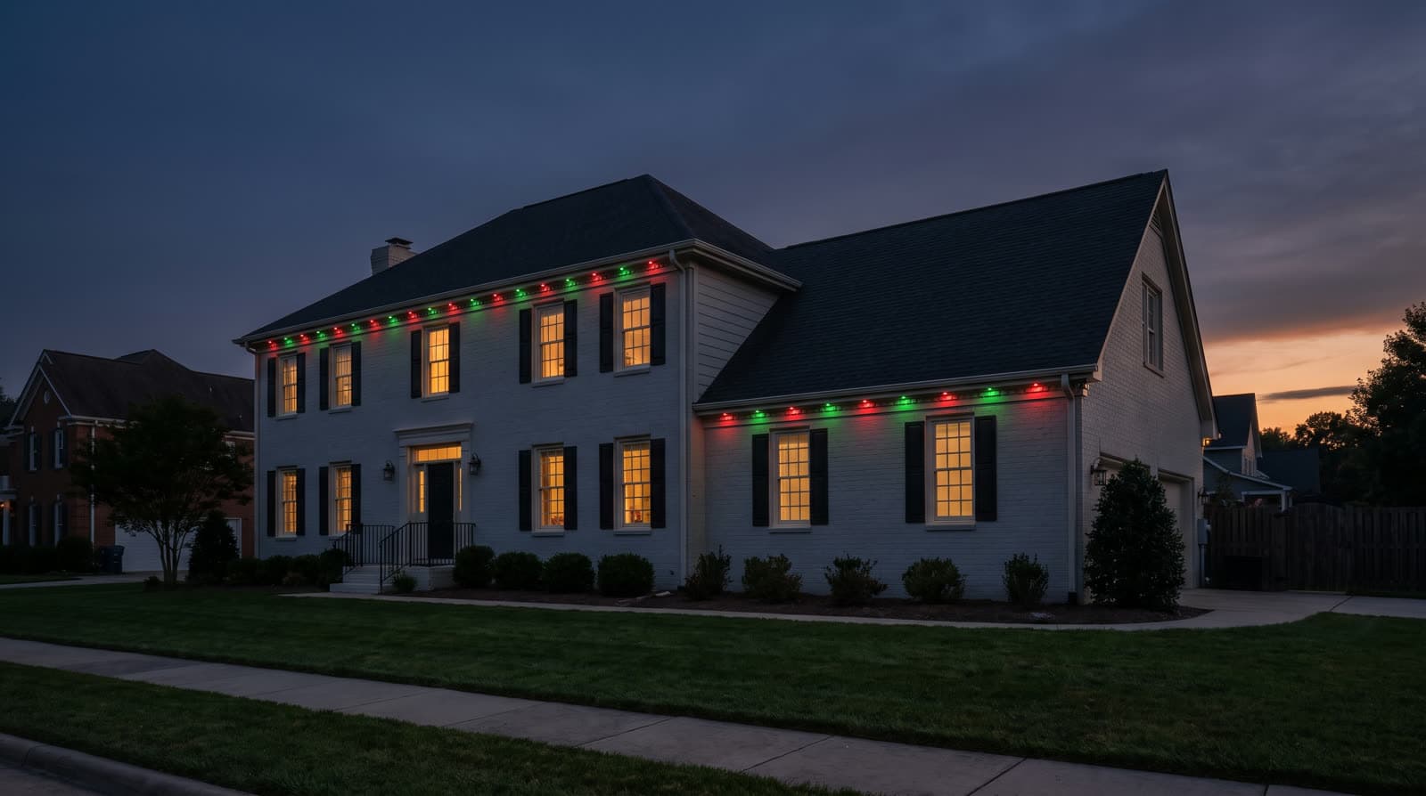 White two-story house with black shutters at twilight, red and green lights alternating along both rooflines