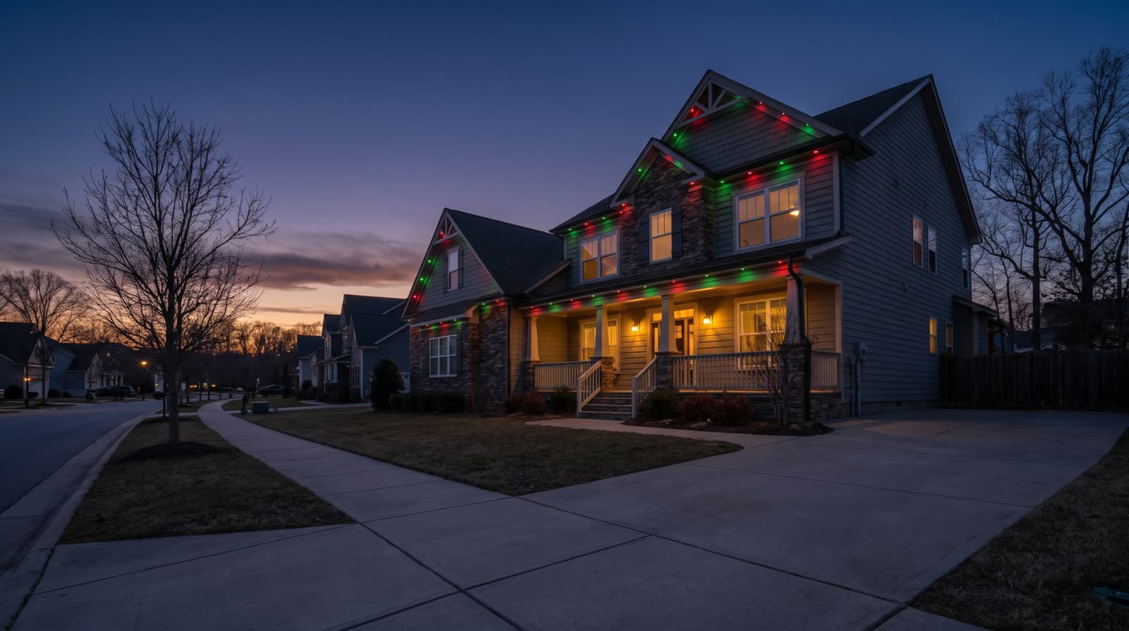 Two-story craftsman with gray-green siding and stone porch columns at blue hour, red and green roofline lights along the gables and porch eave, bare trees over a wide driveway
