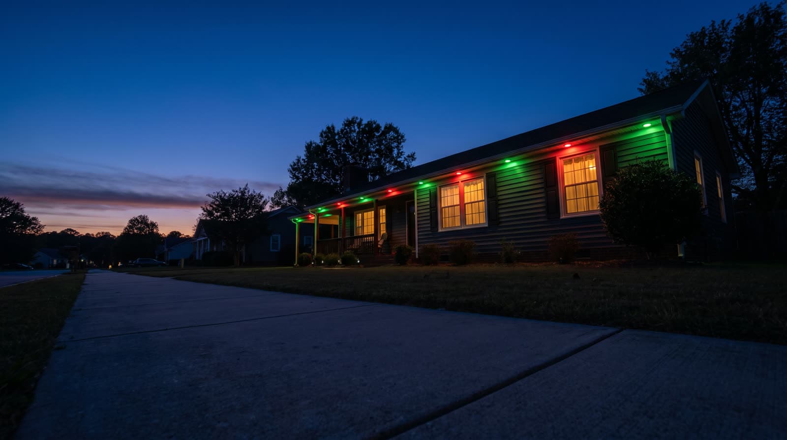 Long single-story ranch house viewed from the sidewalk at night, alternating red and green lights along the eave above a lit front porch