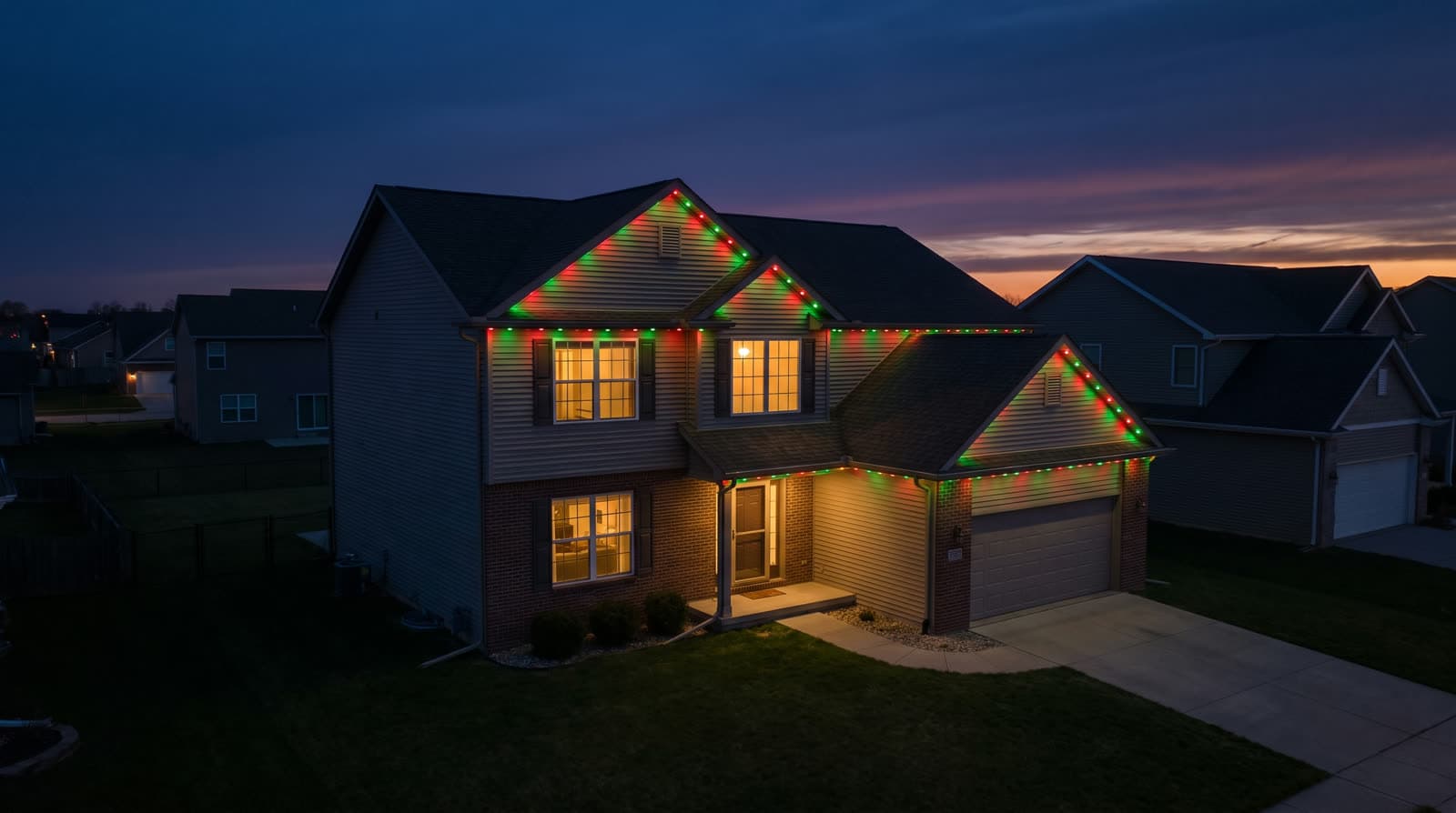 Elevated view of a gray siding two-story after sunset, red and green dots tracing every gable and the garage eave