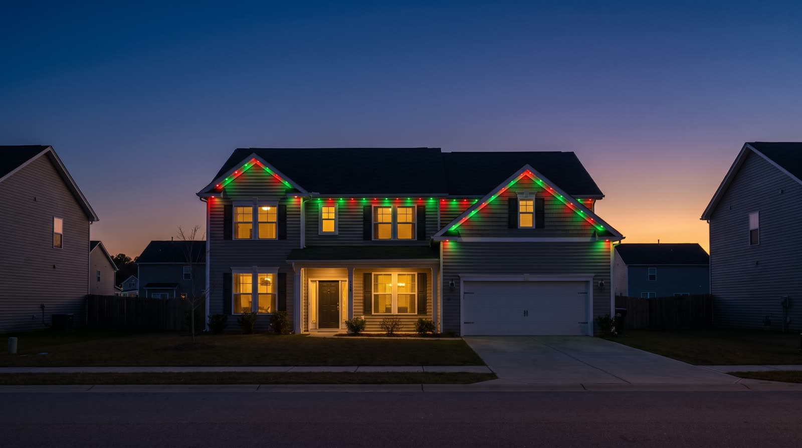 Two-story sided house shot straight on from the street after sunset, alternating red and green dots following both gable rakes and the eave between them