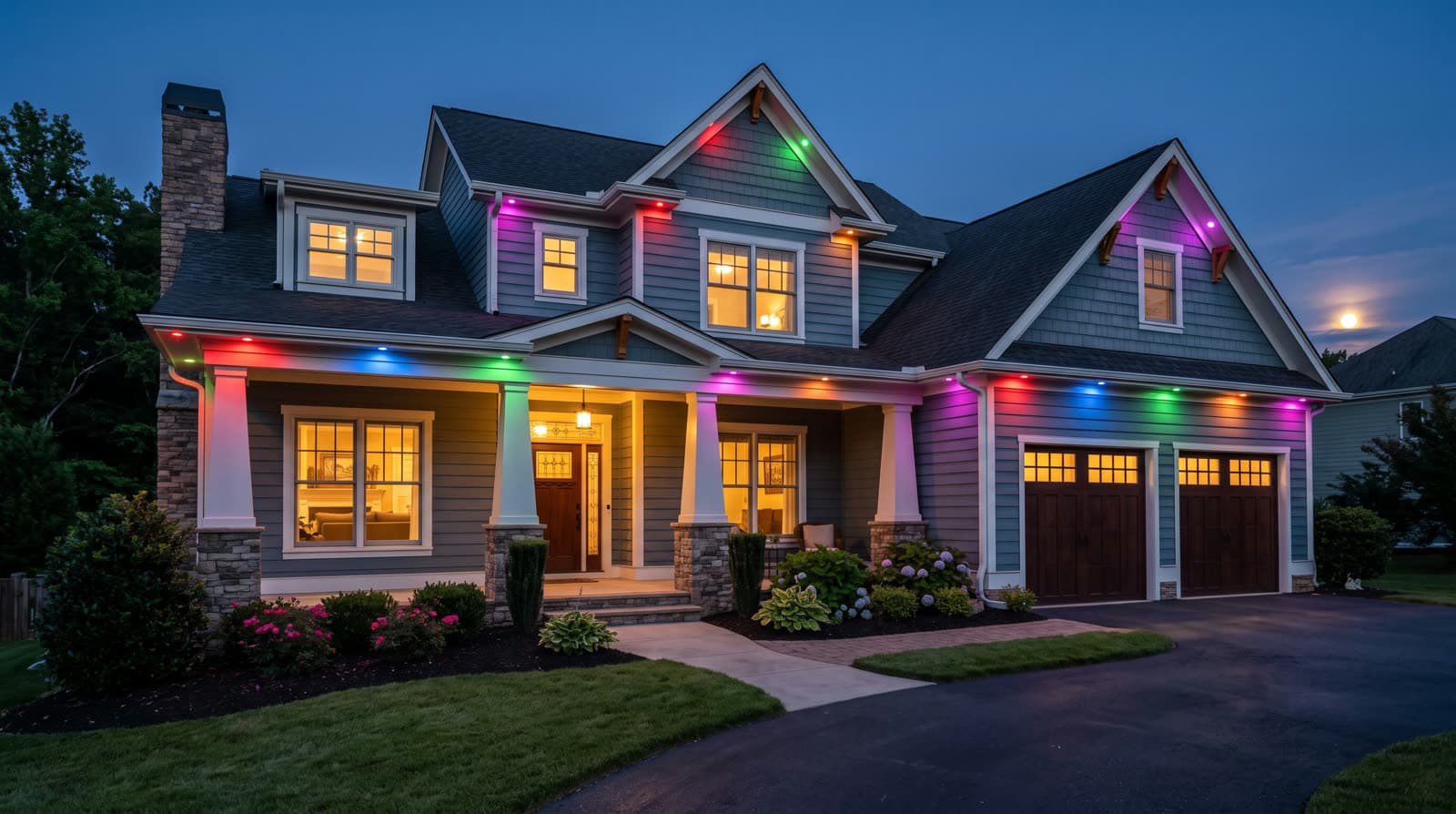 Craftsman-style house with stone-based porch and double garage, pink, blue, green and orange lights along the horizontal eaves and at selected gable positions