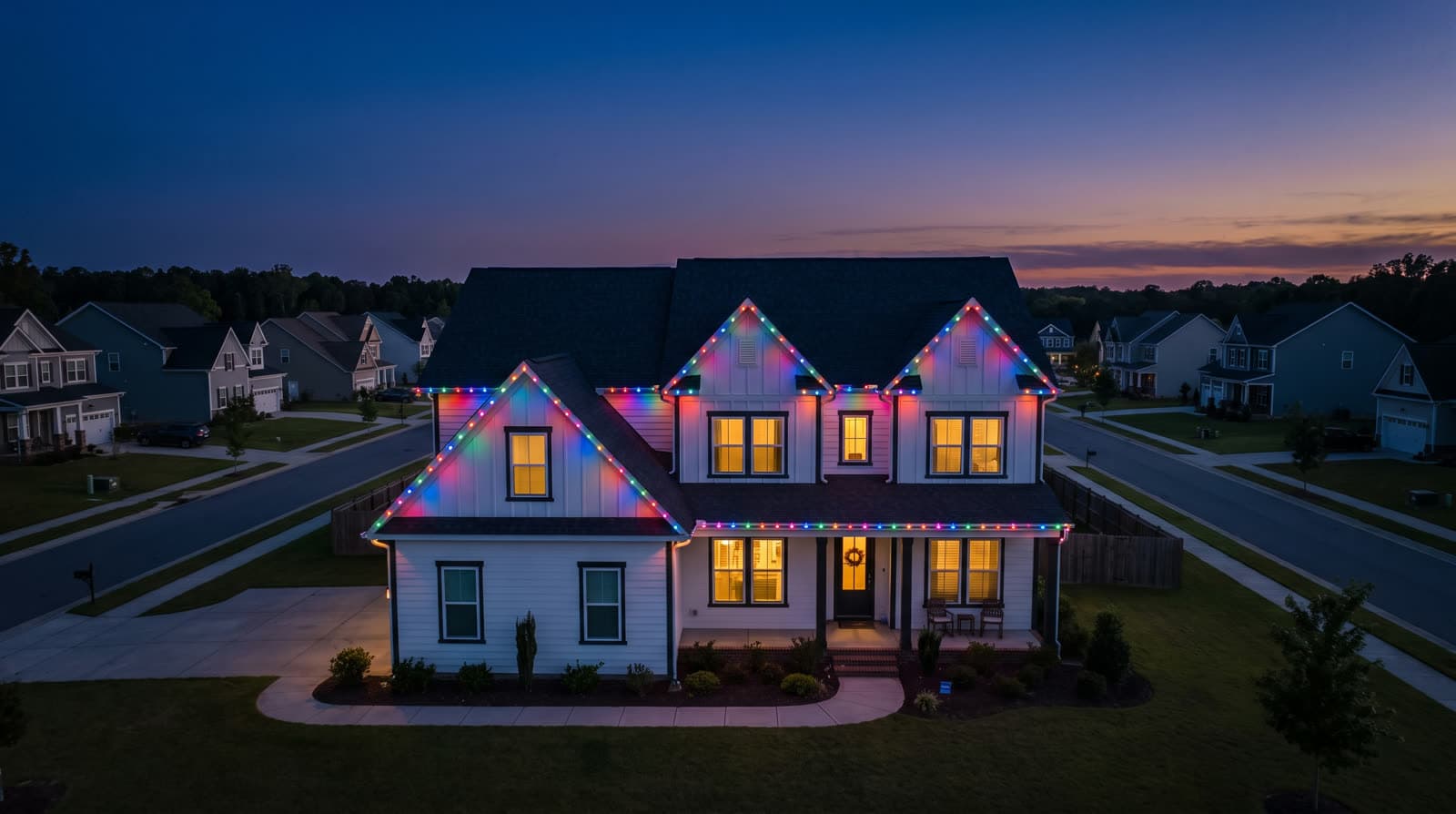 Elevated view of a white board-and-batten farmhouse at blue hour with multicolor dots along the gables and the porch roof