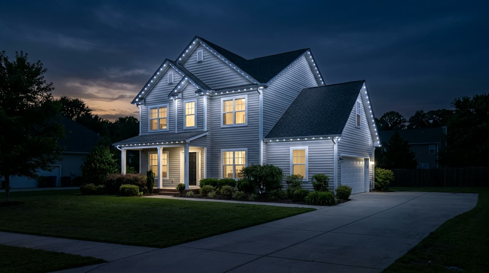 White lap-siding two-story seen at an angle from the driveway after sunset, cool white roofline lights following both front gable rakes and the porch line, clipped shrubs along the foundation
