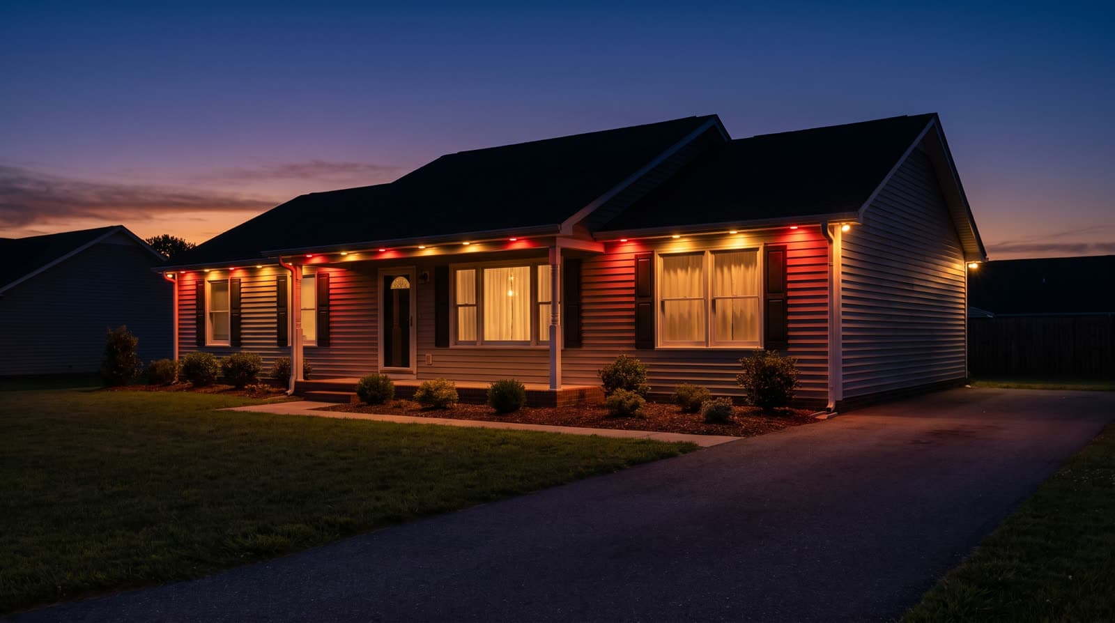 Single-story gray vinyl-sided ranch viewed at an angle from the driveway after sunset, alternating red and warm white roofline lights running the full porch eave and side wing, dark shutters, lit front windows with sheer curtains, mulched foundation beds along the front.