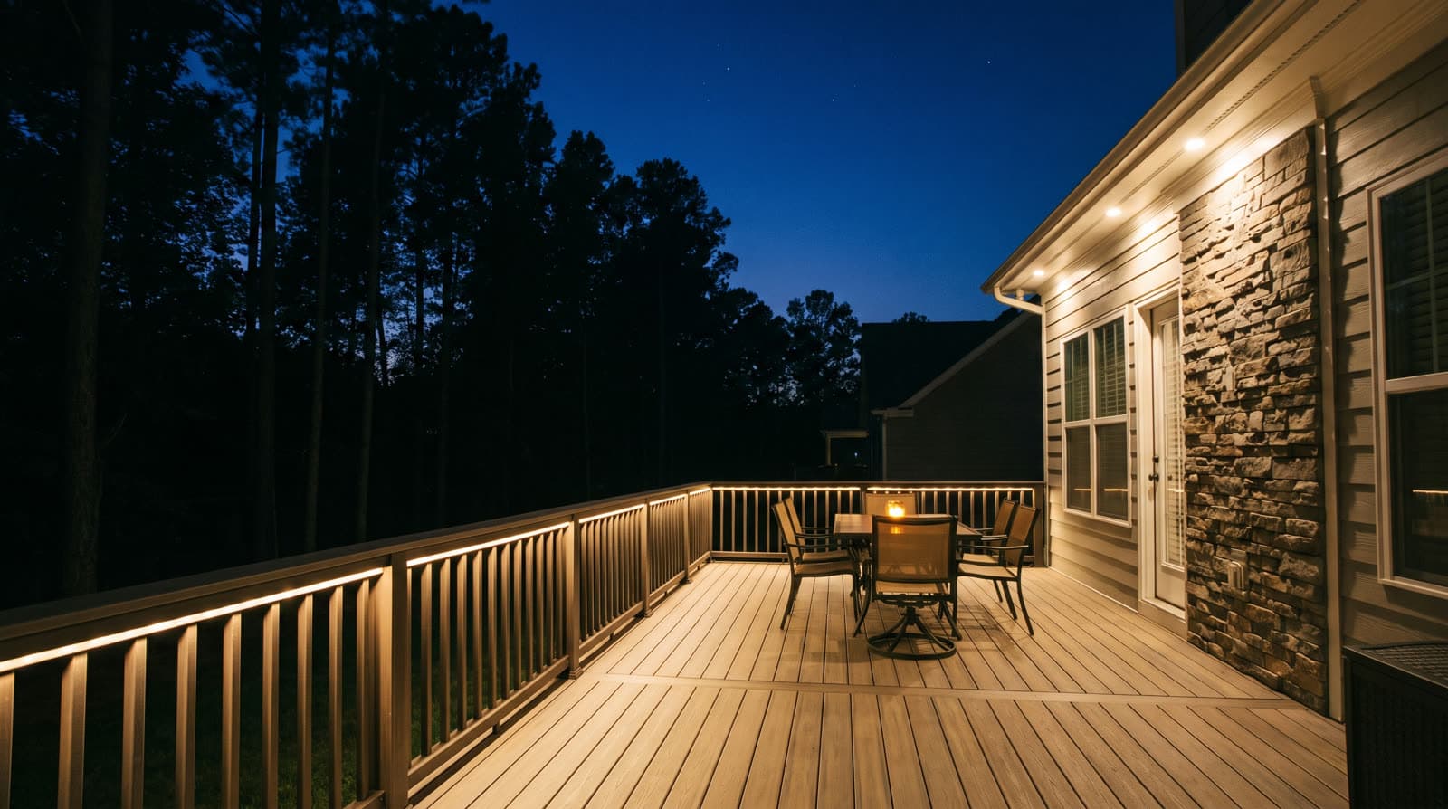 Raised wood deck at night beside a stone-faced wall, warm light along the underside of the railing cap, small downlights in the soffit above a dining table