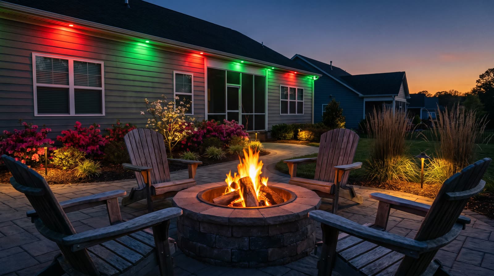 Stone patio with Adirondack chairs around a lit fire pit, path lights in the flower beds, red and green lights along the roofline of the gray house behind