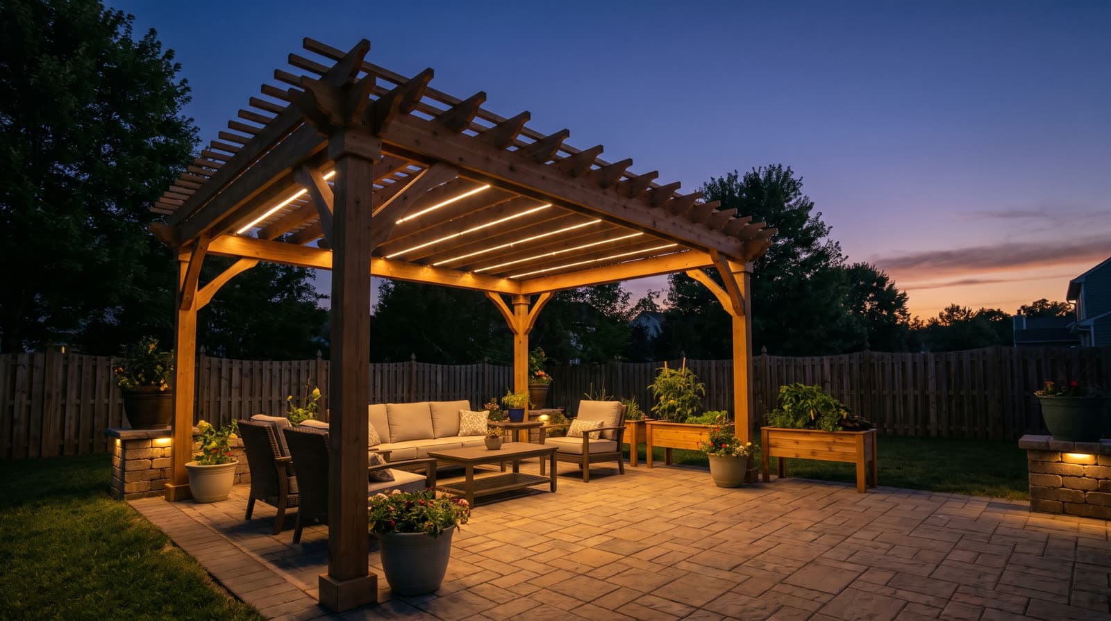 Wood pergola over a paver patio at twilight, warm light strips under the rafters, outdoor sofas beneath, small lights in the low stone wall caps