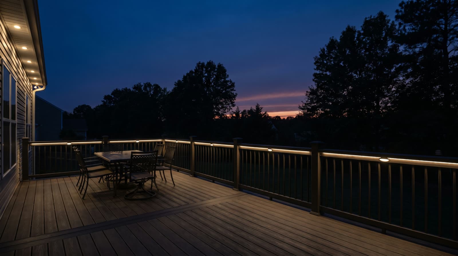 Elevated composite deck at night with a warm white LED strip light along the top of the railing, dining table and sunset sky beyond