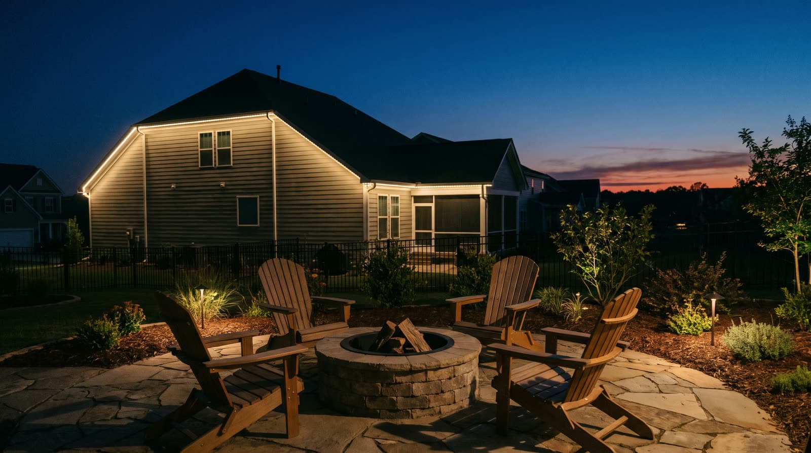 Two-story house with tan vinyl lap siding and a steep front gable, photographed from a stone fire-pit patio just after sunset with a pink sunset band low on the horizon. Warm white lights trace the gable rake and the lower roofline, illuminated windows on both floors, a screened porch to the right, and a black metal fence along the side yard.