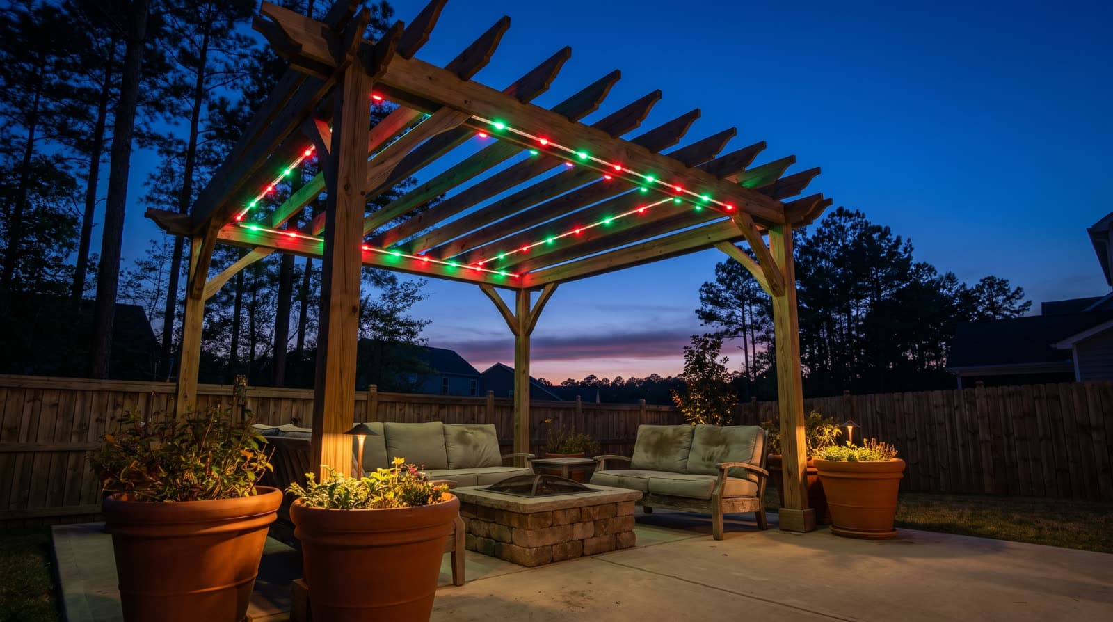Wood pergola over a concrete patio at twilight, strand of red and green bulbs along its beams, outdoor sofas and fire table beneath, large planters in front