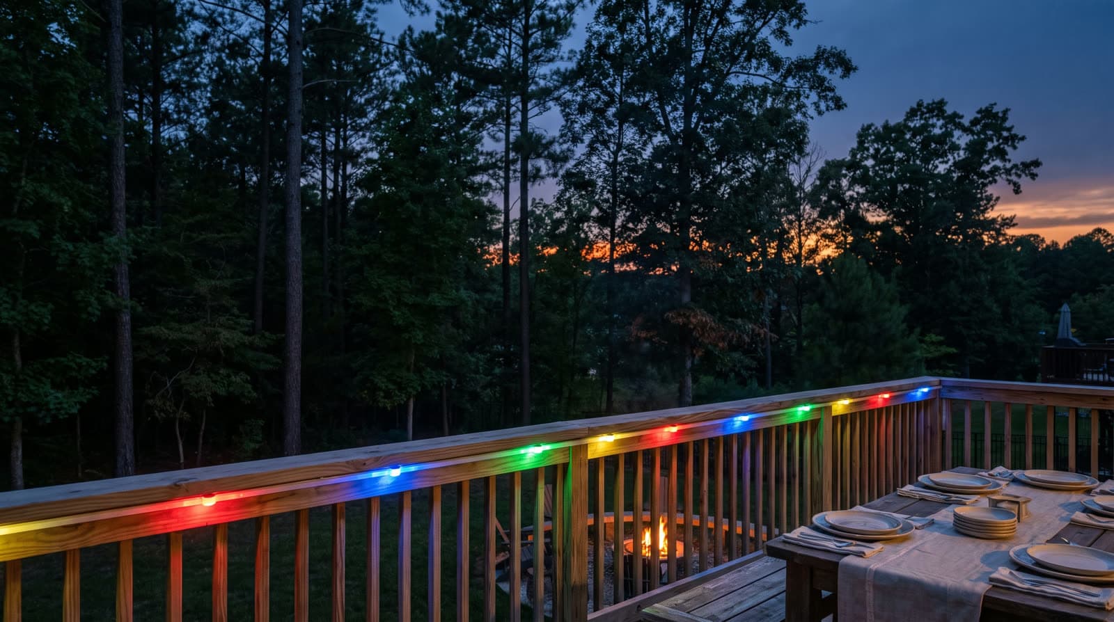 Wood deck railing at twilight with a line of red, green, blue and yellow lights beneath the railing cap, set dining table beside it, fire pit glowing below