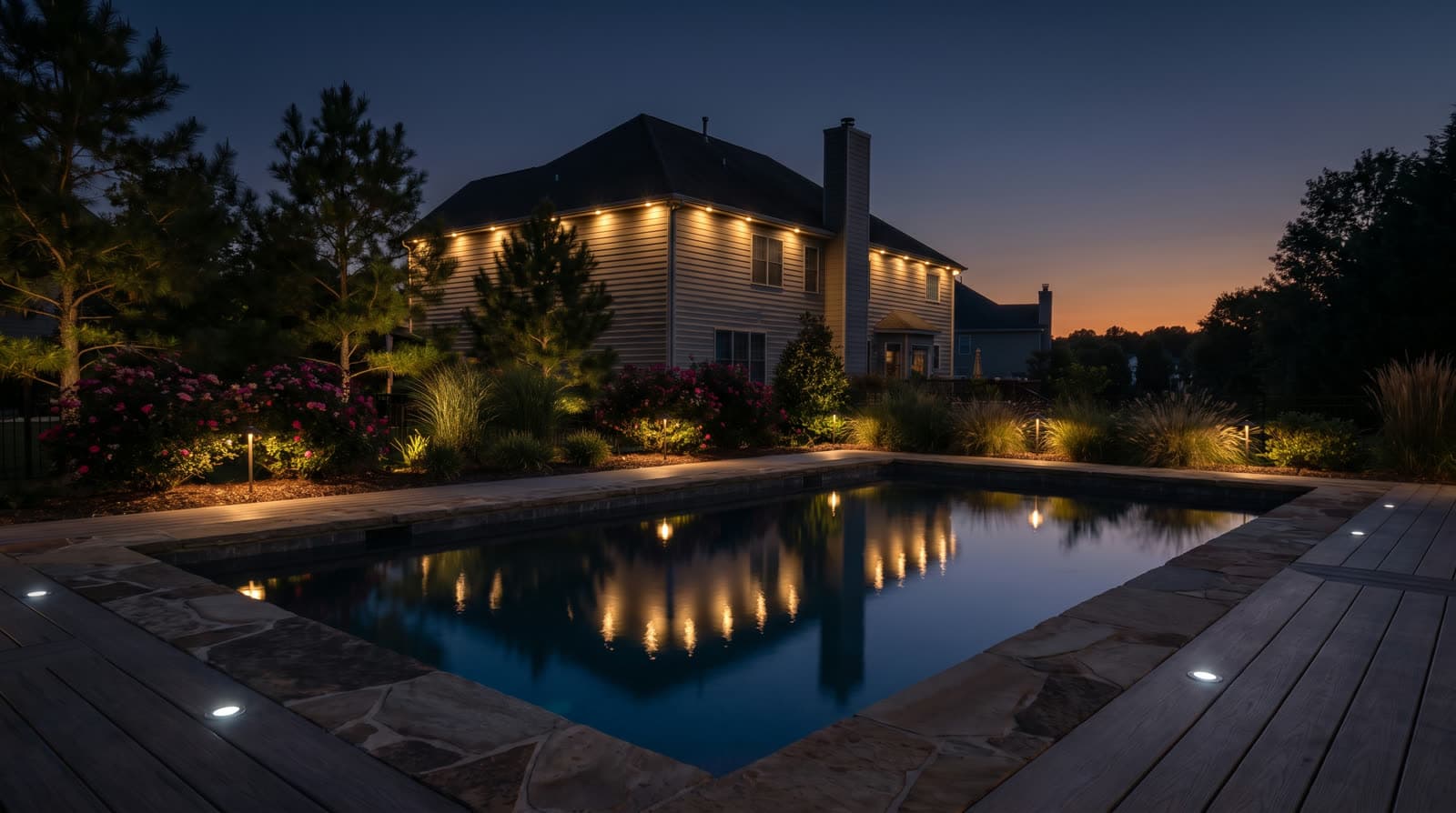 Rectangular pool at twilight, two-story house behind with warm roofline lights reflected in the water, small lights set into the stone and wood deck