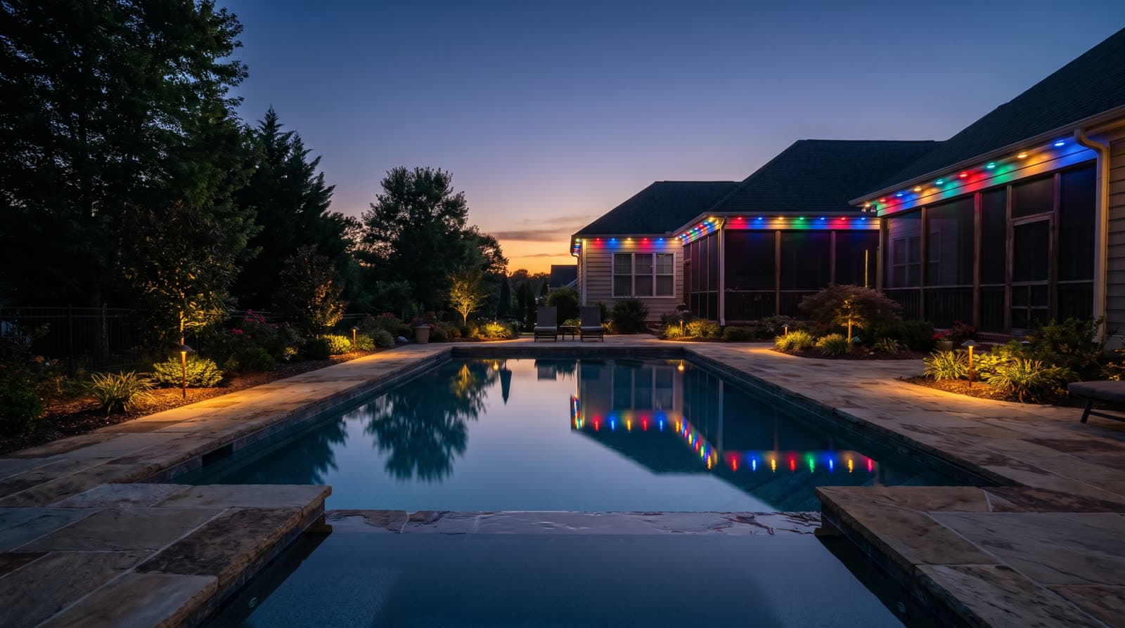 Long rectangular pool at twilight, red, blue and green lights along the single-story house roofline reflected in the water, lit planting beds along the stone deck