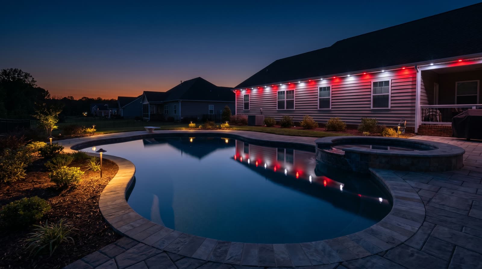 Curved pool and spa at night, red and white lights along the gray house roofline reflected in the water, path lights in the beds along the paver deck