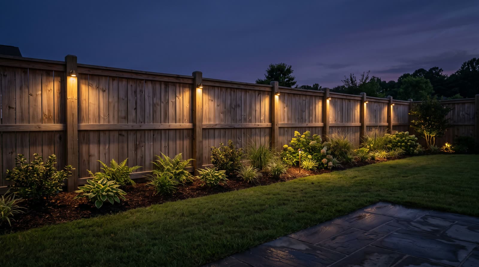 Wood privacy fence at twilight with small lights on each post, hosta and hydrangea bed along the fence, lawn, stone patio corner in front