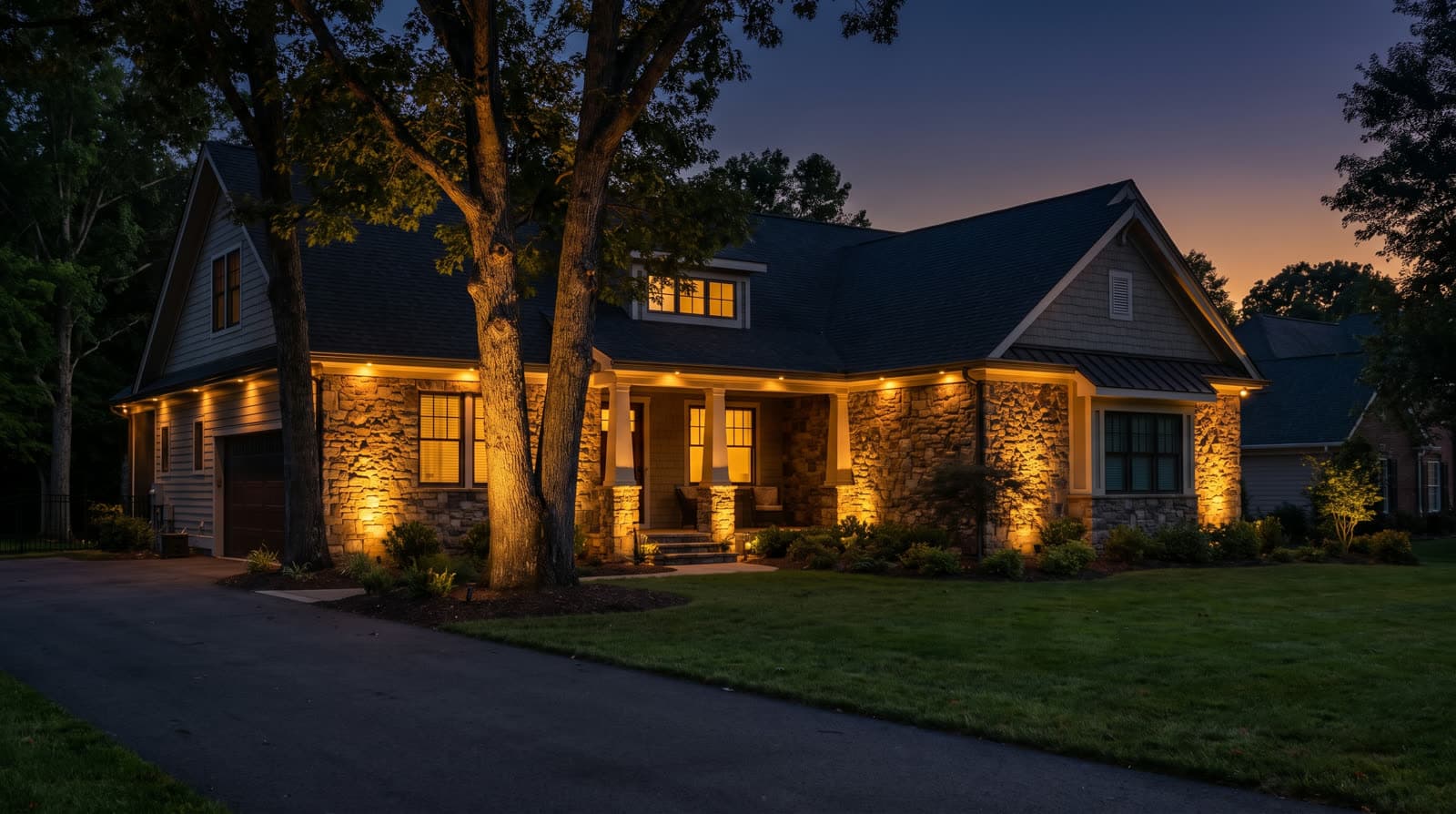 Single-story stone craftsman house at blue hour with warm white lighting under the eaves and porch roofline, large trees flanking the entrance