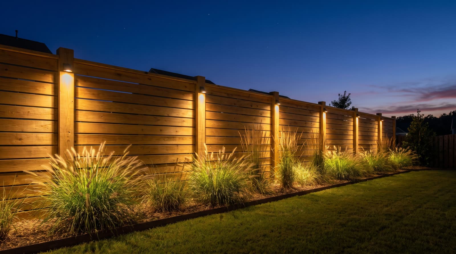 Horizontal-slat wood privacy fence at twilight, small post lights washing down the boards, ornamental grasses in the bed at its base lit from below