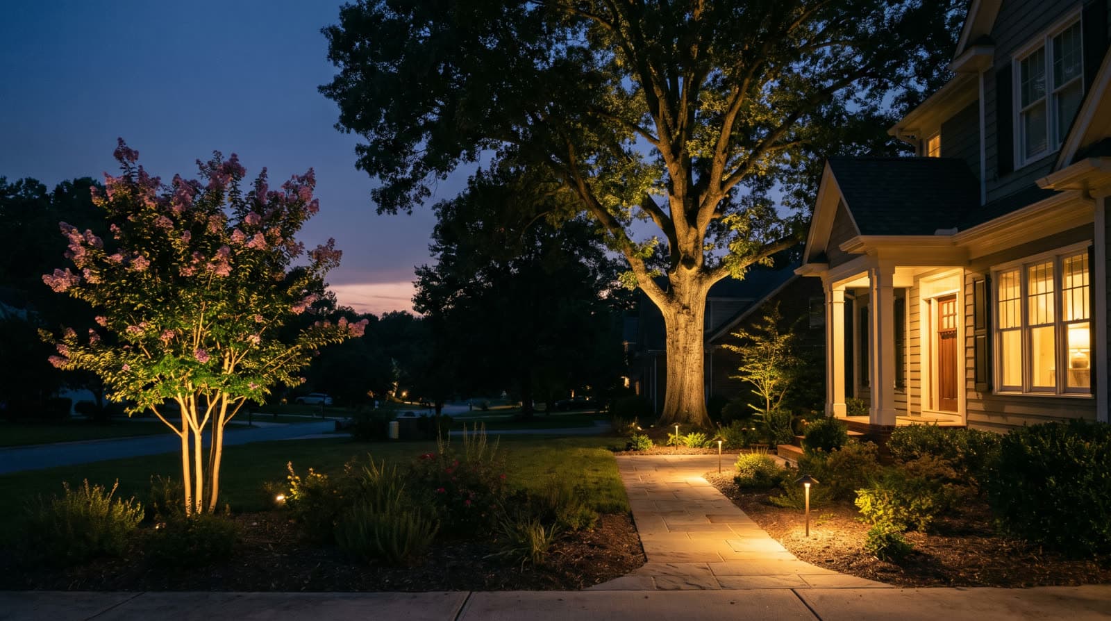 Two-story house with white-columned porch at twilight, pink-flowering crape myrtle and large oak both uplit from the ground, path lights along the front walkway