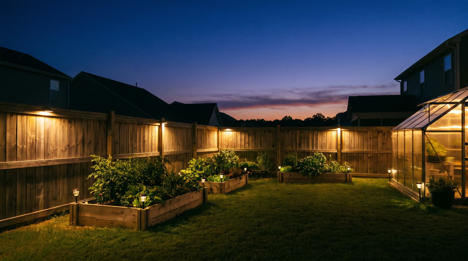 Fenced backyard at twilight, lights on the fence posts, raised wooden garden beds lined with small path lights, lit greenhouse in the corner