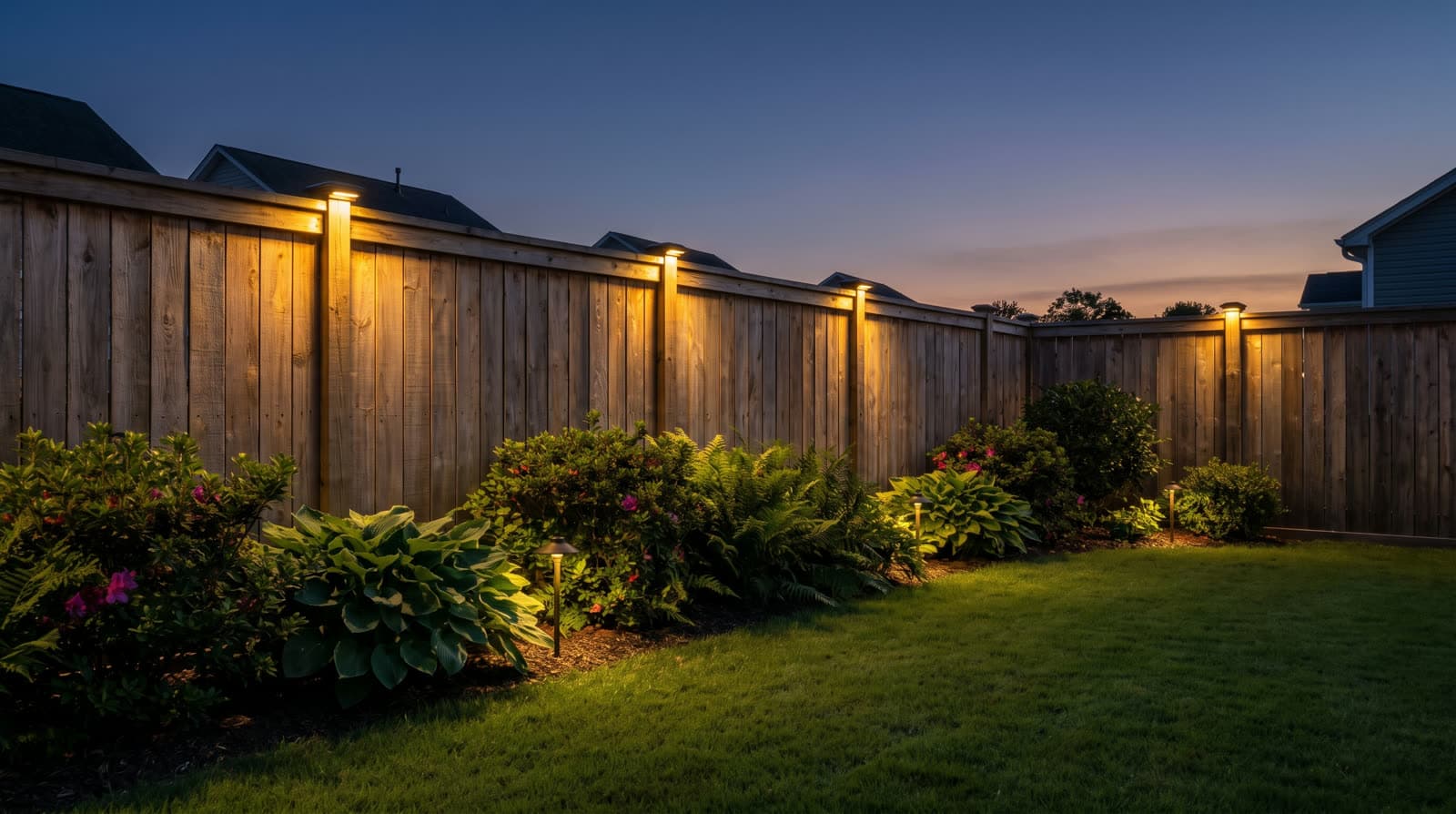 Wood privacy fence at twilight with post-cap lights along the top, shrub and hosta beds below, a path light in the bed