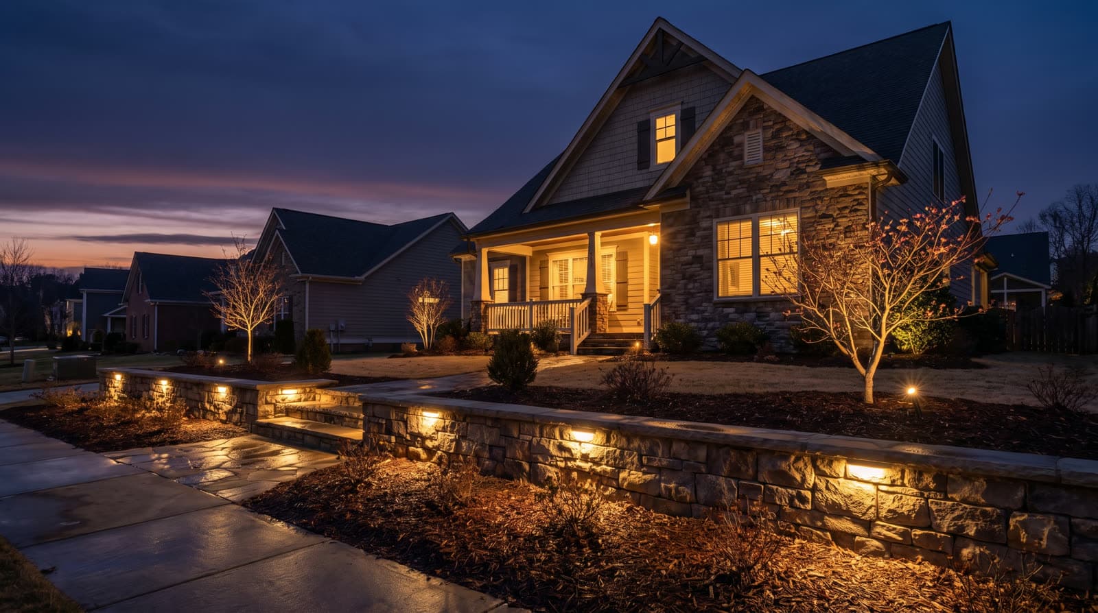 Stone-front house at twilight, low stone retaining wall along the front beds with warm lights set under the wall caps, two small trees uplit in the mulch