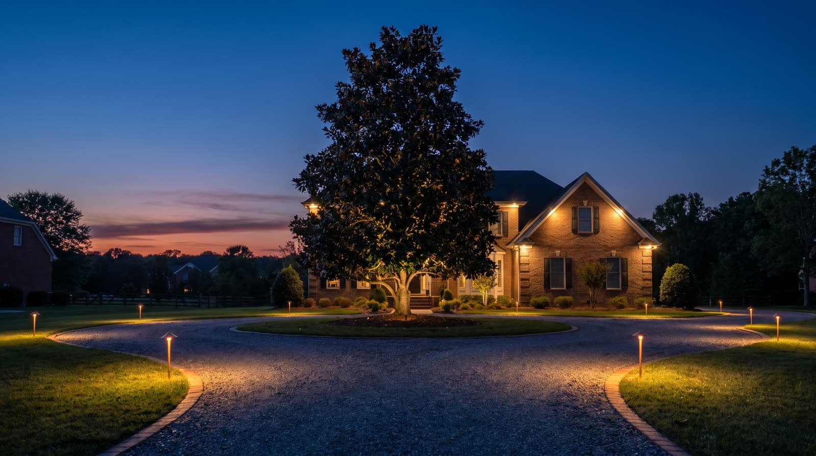 Two-story brick house at twilight behind a circular gravel drive, path lights around the drive edges, large magnolia uplit in the center island, warm roofline lights