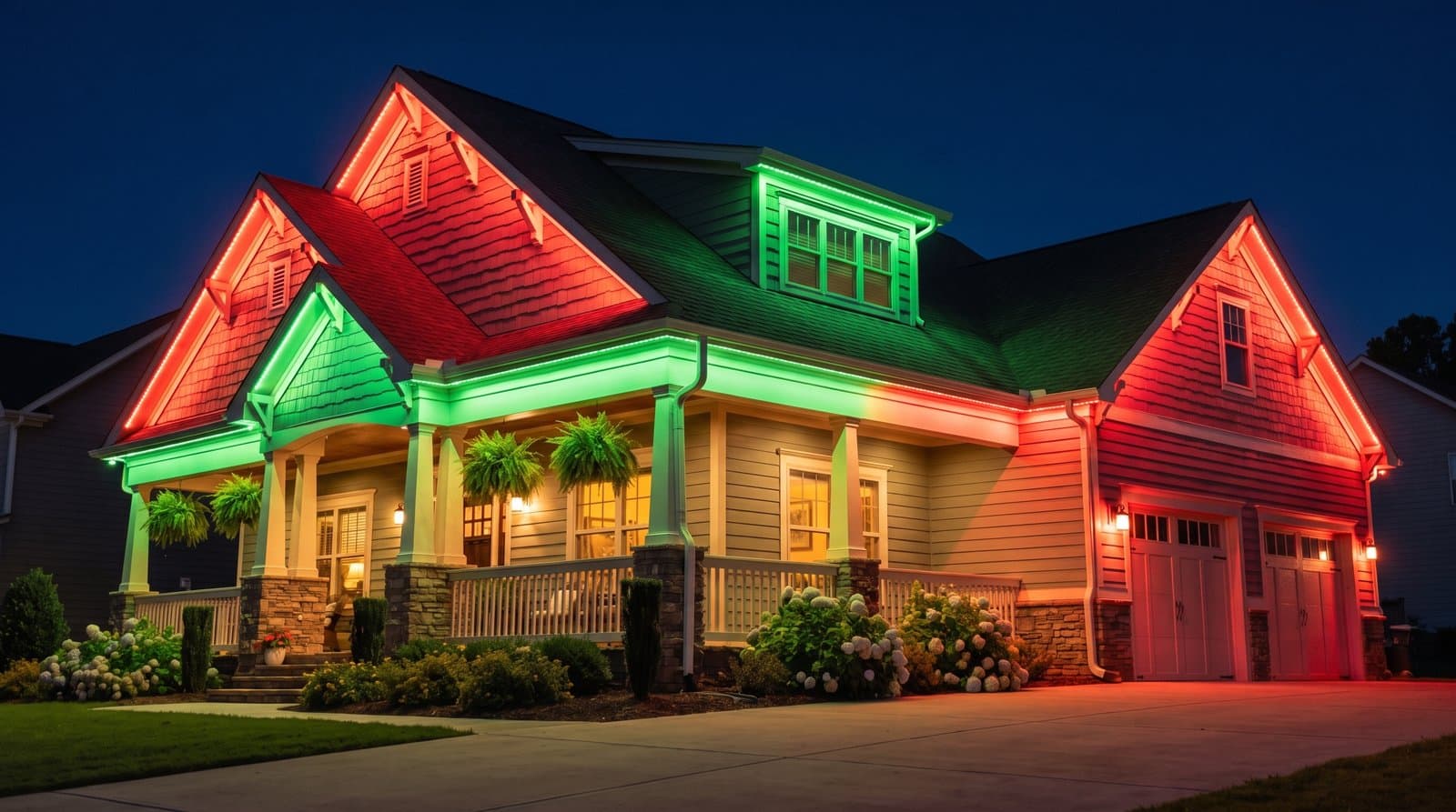 Craftsman-style house shot at an angle, red lights along the upper roof gable and green lights along the covered porch roofline with hanging ferns