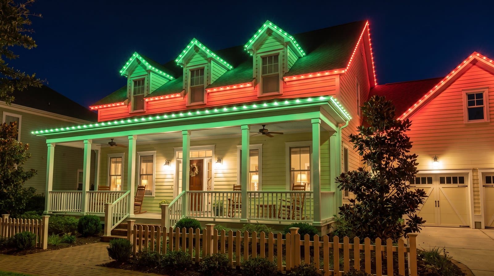 House with three front dormers and a wraparound porch with rocking chairs, green lights outlining the dormers and porch roofline, red lights along the main gable